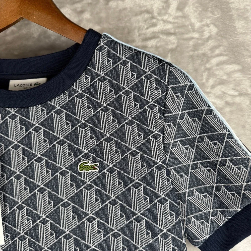 Lacoste Womens Slim Fit‎ Geometric Monogram T-Shirt Navy Blue Size 36